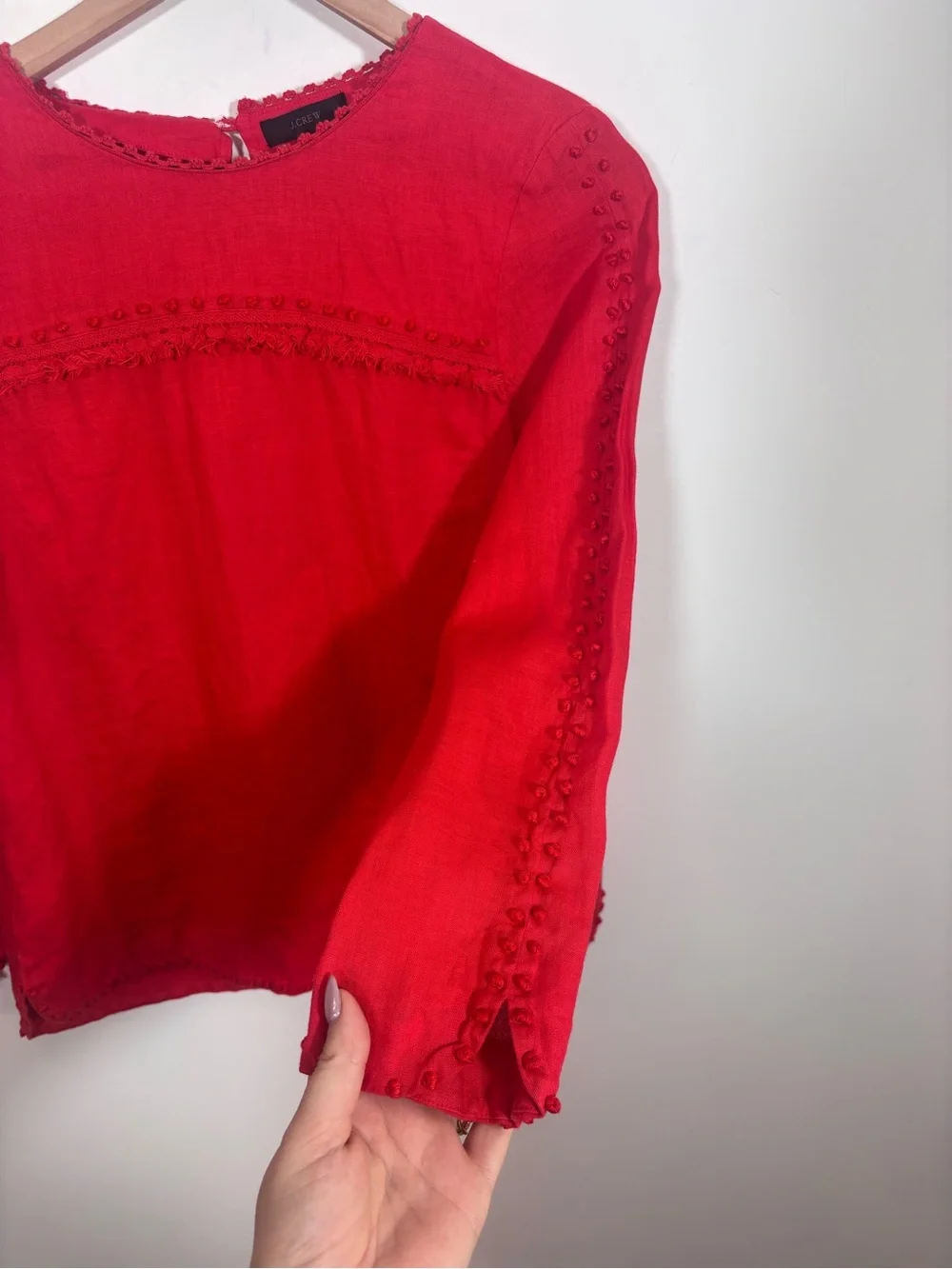 J Crew Embroidered linen top Size 4 Vibrant Red F0825 Lightweight Breathable